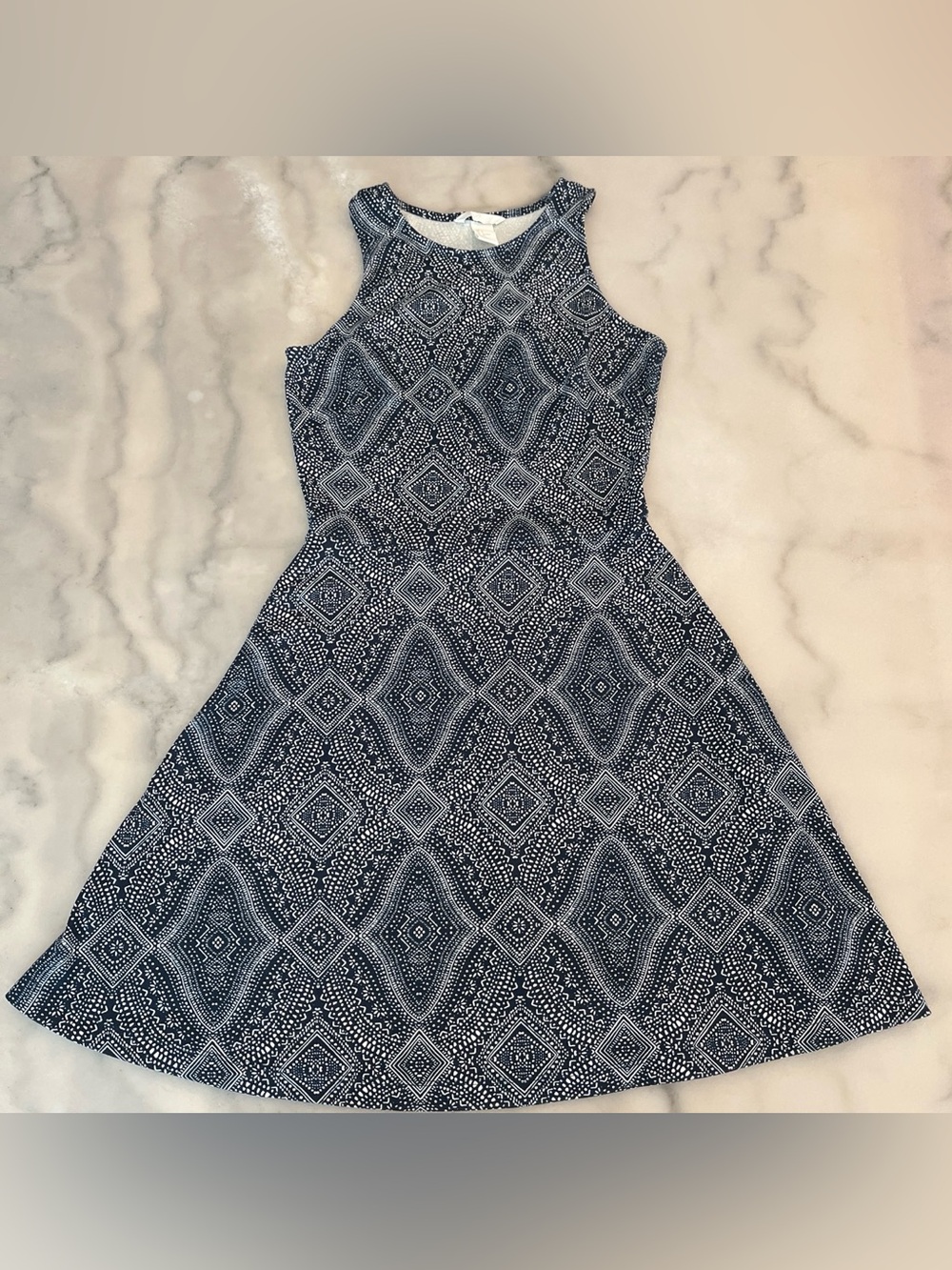 H&M Navy & White Sleeveless Midi Fit-and-Flare Dress